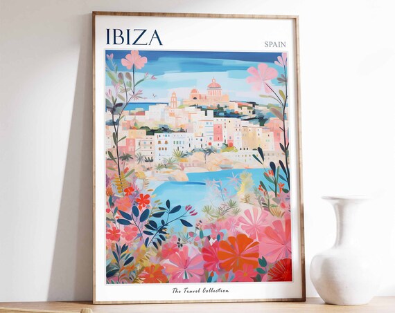 Ibiza Poster Ibiza Travel Print Spanish Travel Poster Tropical Decor Beach Art Ibiza Travel Gift Floral Print Coastal Decor