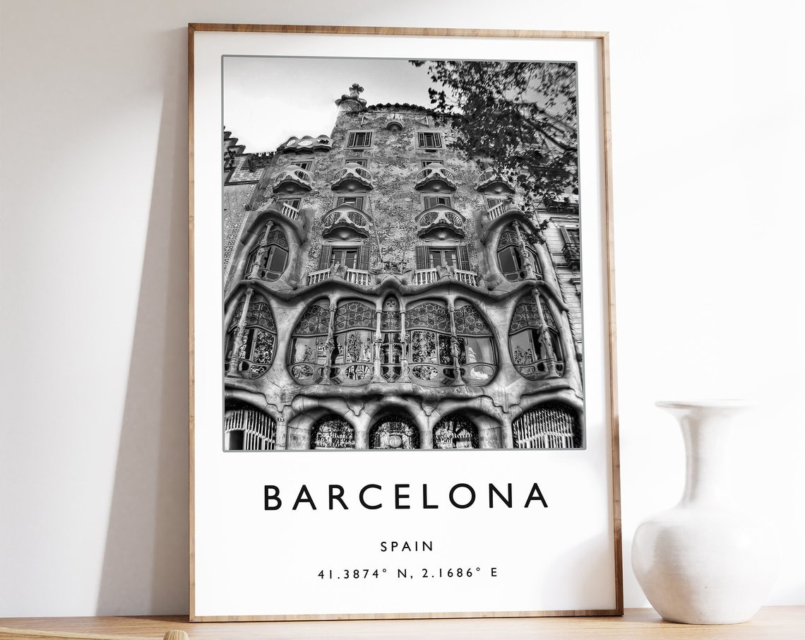 Barcelona Spain Gaudi Casa Batllo Facade Black White Photo Poster