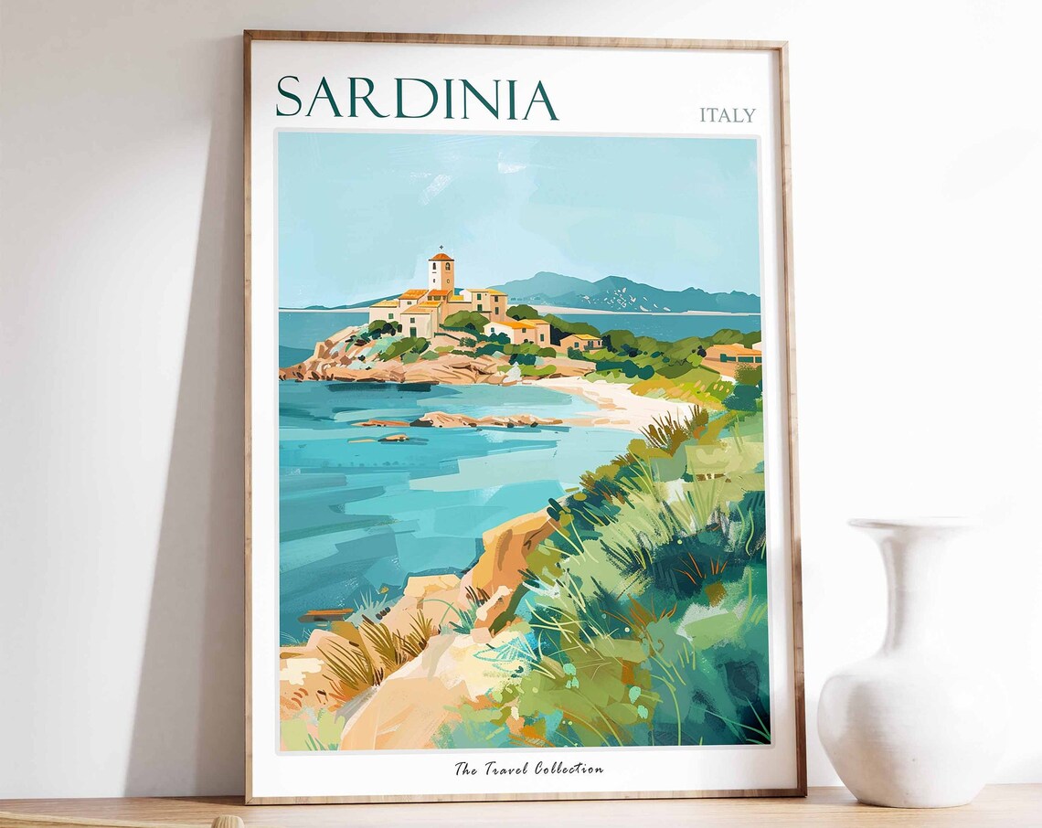 Sardinia Italy Coastal Village Turquoise Sea Painting Travel Poster