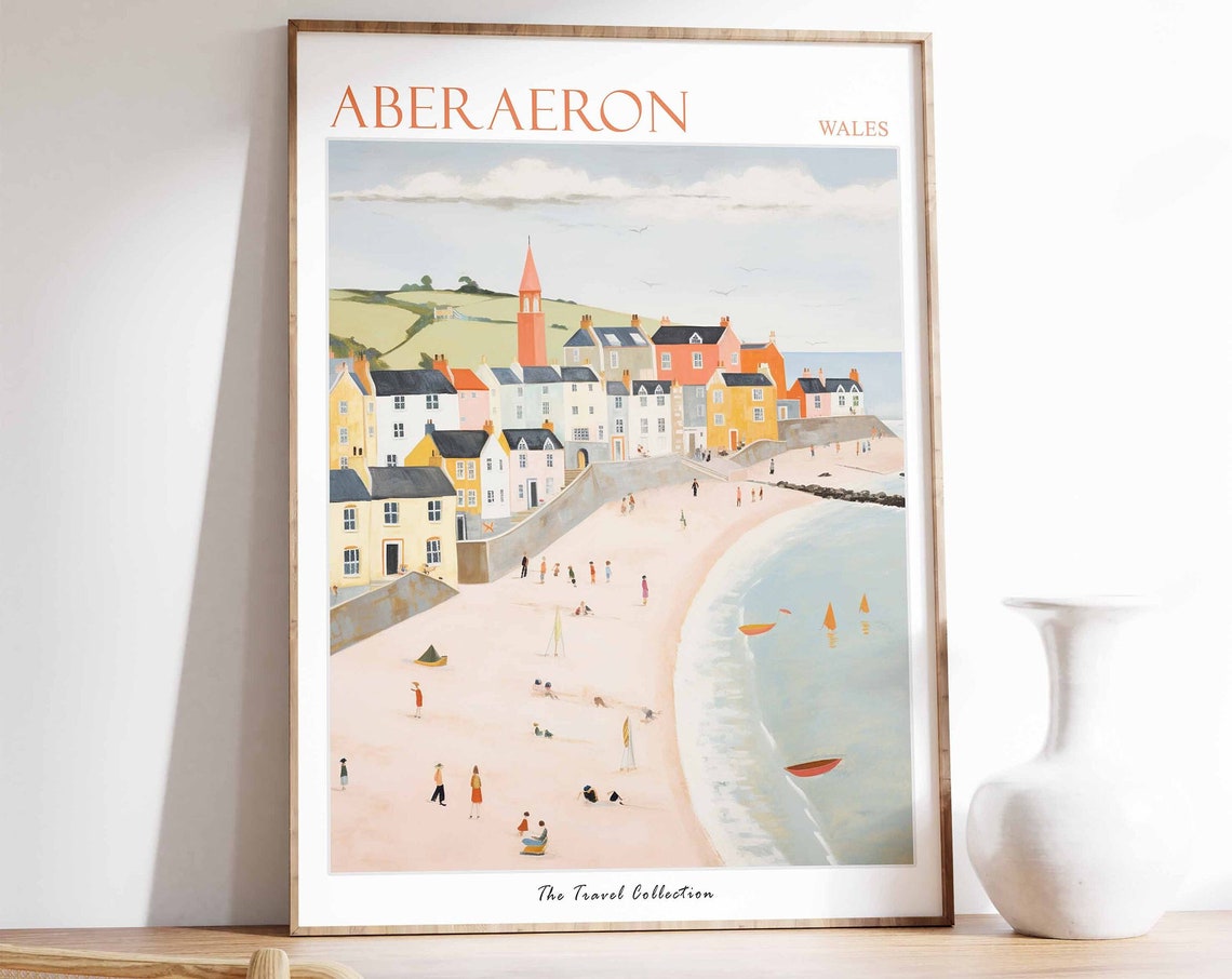 Aberaeron Wales Pastel Harbor Town Beach Seaside Coast Travel Poster