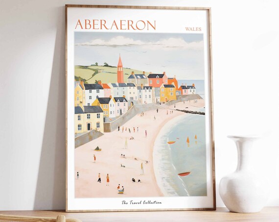 Aberaeron Wales Pastel Harbor Town Beach Seaside Coast Travel Poster