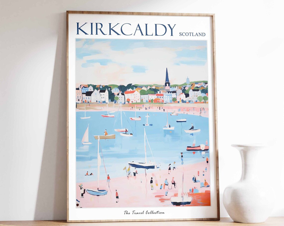 Kirkcaldy Scotland Harbor Sailboats Pink Sand Beach Travel Poster