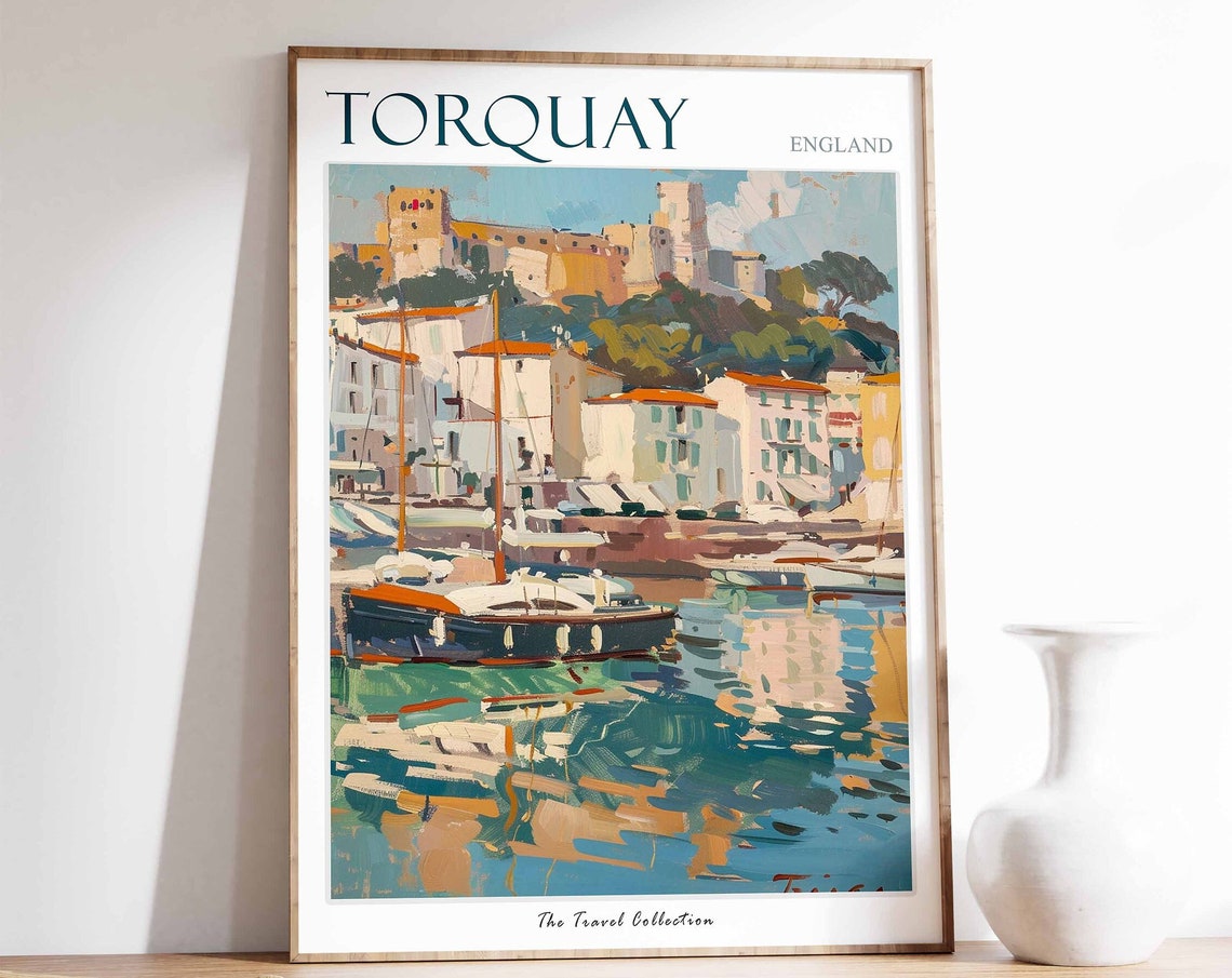 Torquay England Painterly Harbor Boats Water Reflection Art Poster