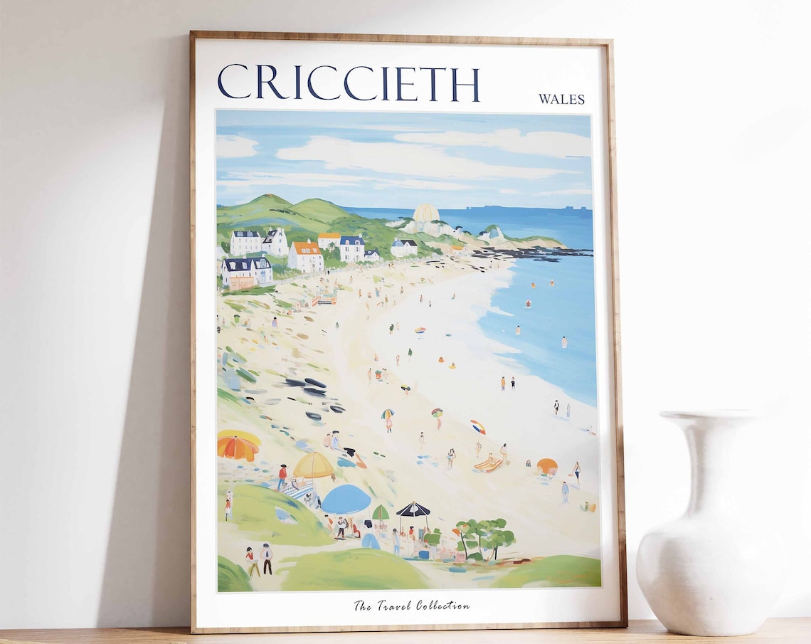 Criccieth Wales Sunny Summer Beach Crowd Travel Collection Poster