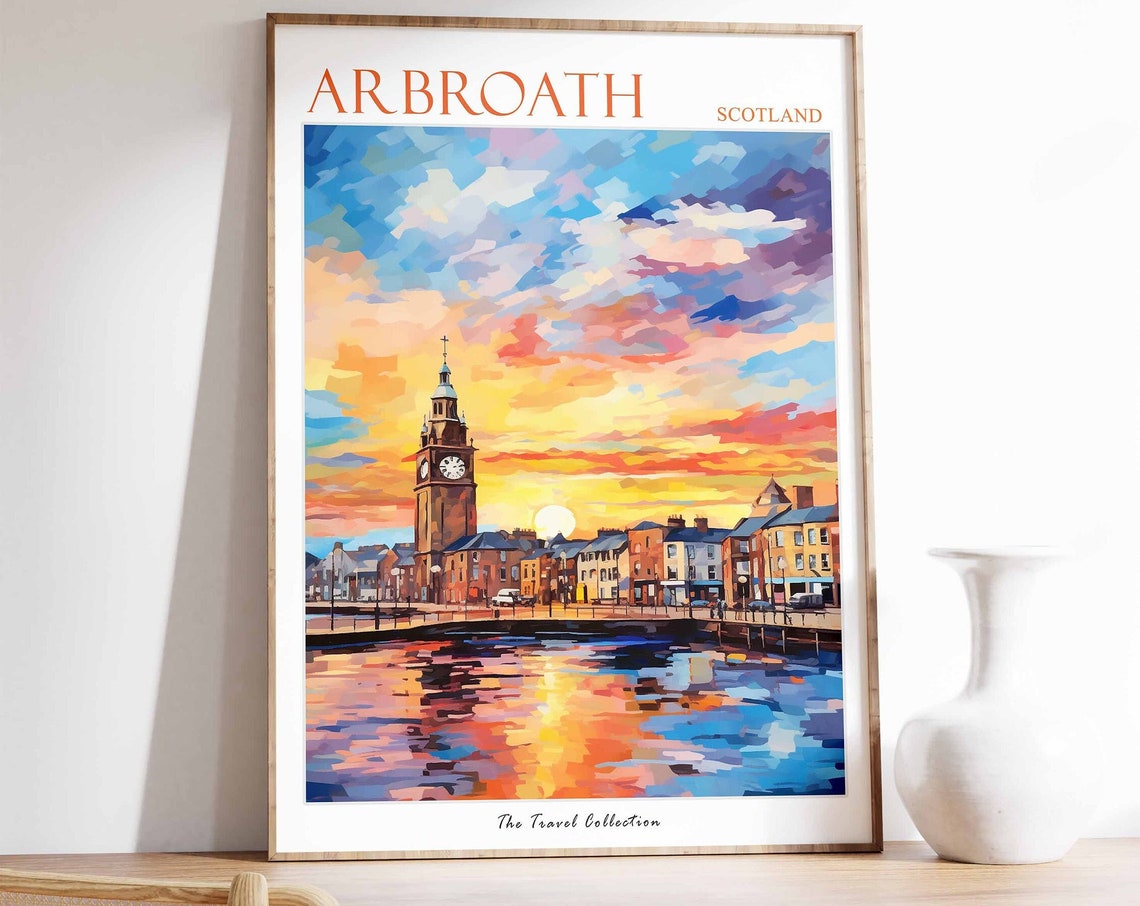 Arbroath Scotland Harbor Sunset Clock Tower Travel Art Poster