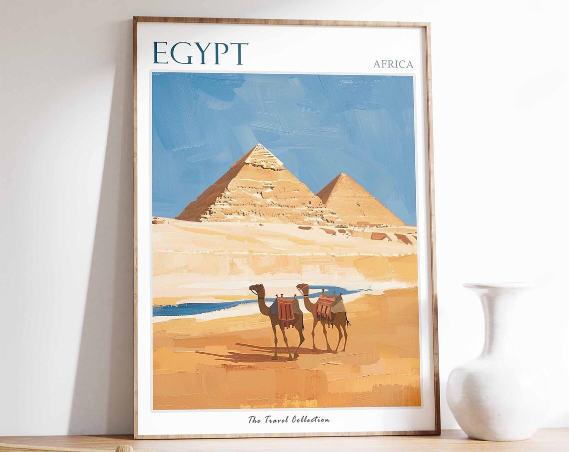 Egypt Giza Pyramids Camels Crossing Desert Painting Wall Art