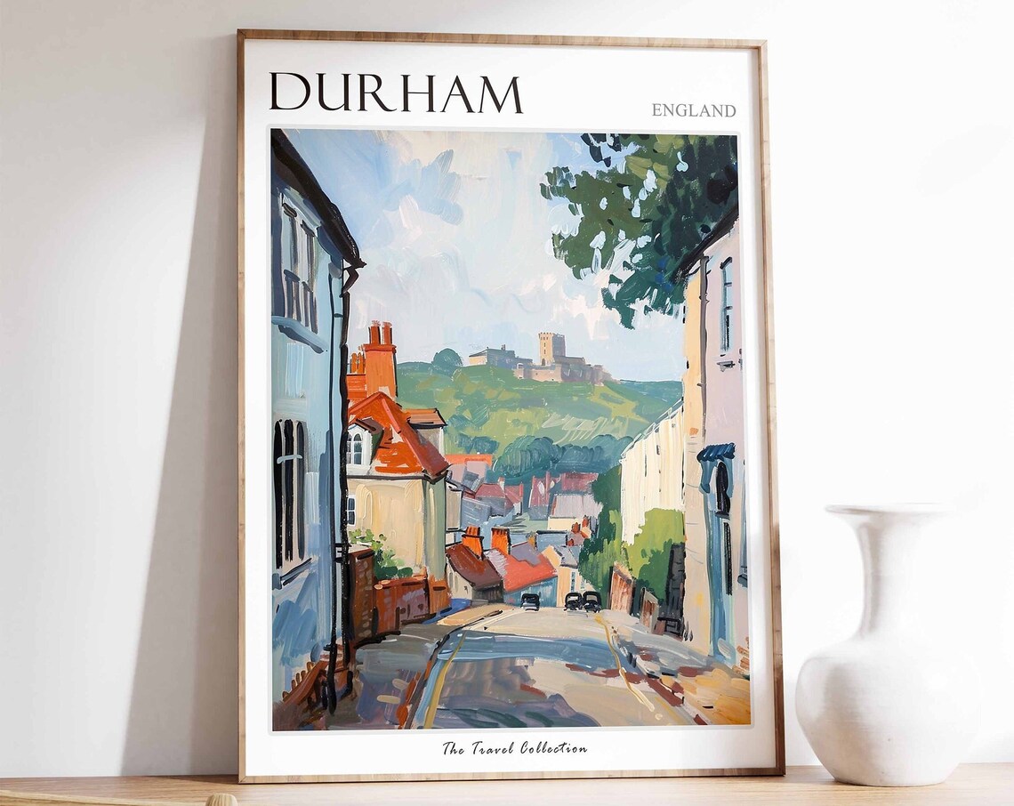 Durham England Castle Hill Street Illustrated Travel Poster Art