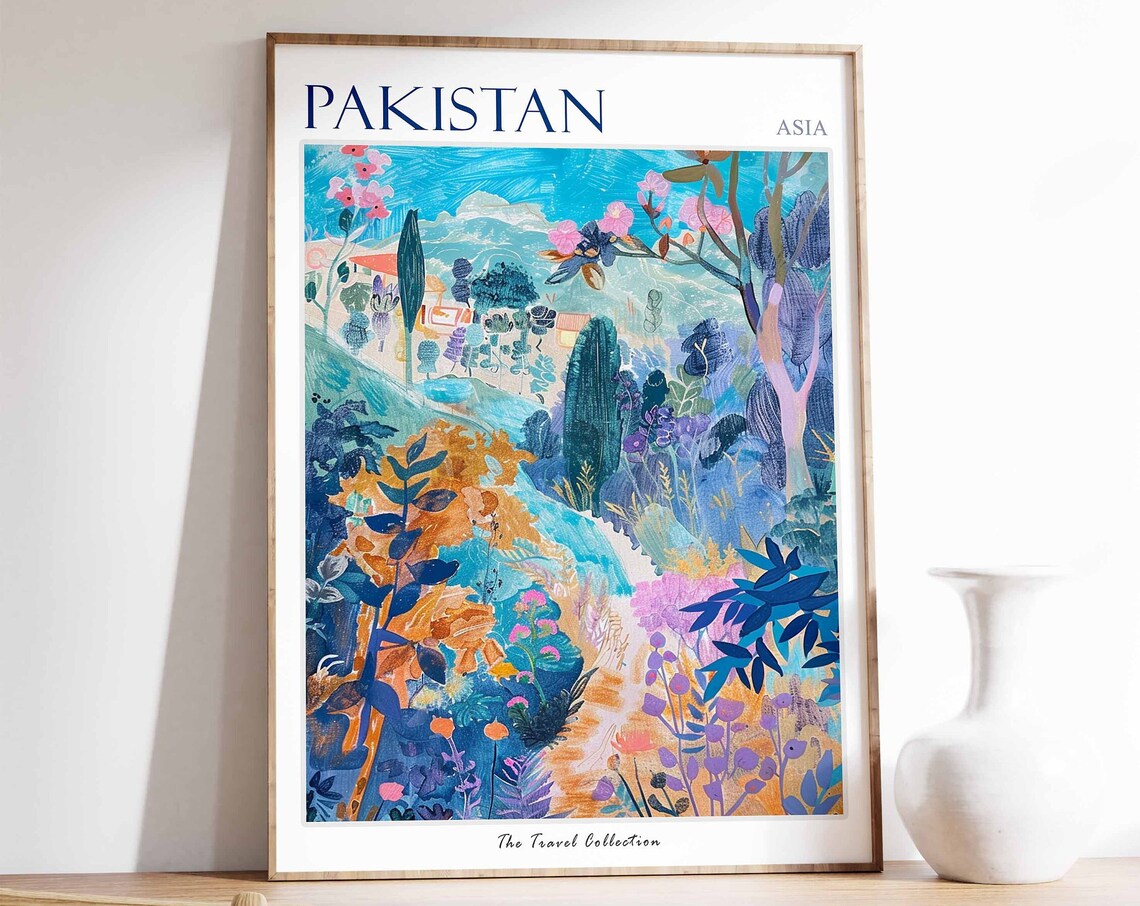 Pakistan Asia Blue Hillside Landscape Travel Poster Cypress Trees Art