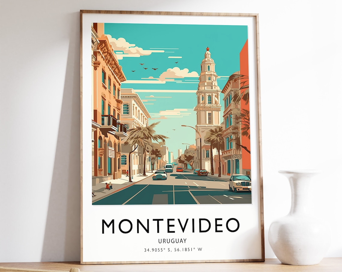 Montevideo Uruguay Vintage Travel Street Scene Illustration Poster