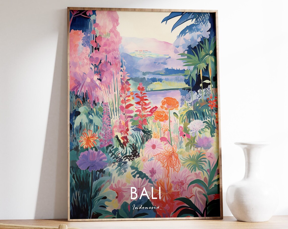 Bali Indonesia Tropical Jungle Floral Illustrated Travel Poster