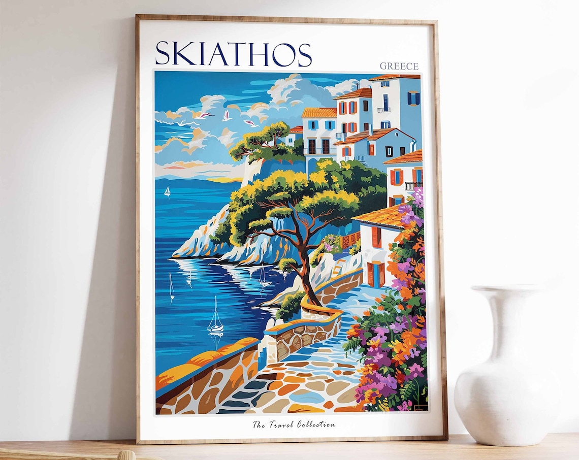 Skiathos Travel Poster, Tropical Coastal Decor Print