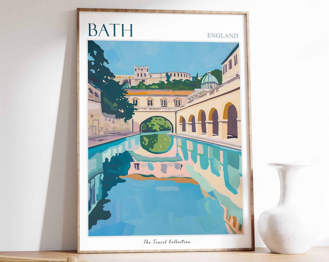 Bath Roman Baths Colonnade Mirror Water England Travel Poster