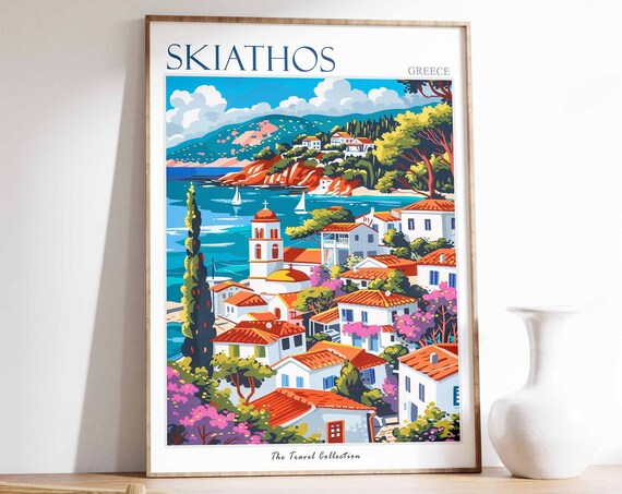 Skiathos Poster Skiathos Travel Print Greece Travel Poster Tropical Decor Beach Art Travel Gift Floral Print Coastal Decor