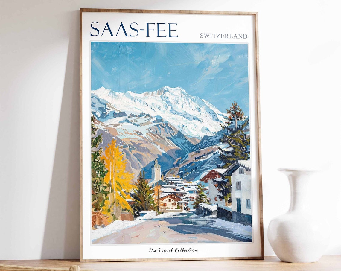 Saas Fee Switzerland Snow Capped Mountain Village Illustration Poster