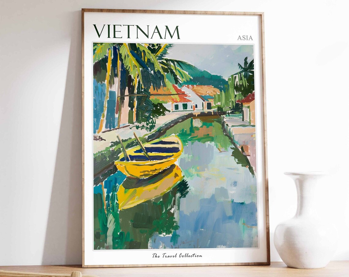 Vietnam Asia Painted River Canal Yellow Boat Palm Trees Travel Poster