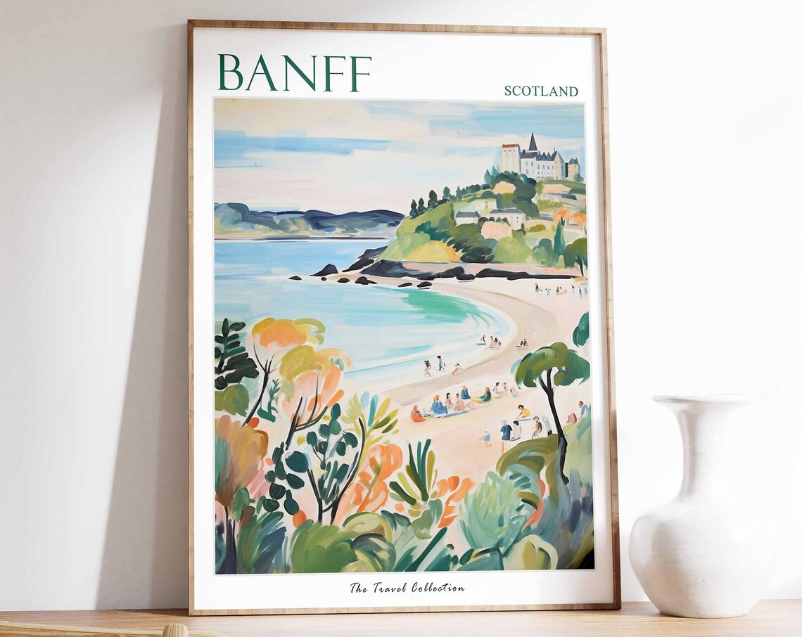 Banff Scotland Coastal Beach Castle Hill Painted Travel Poster