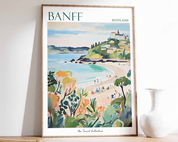 Banff Scotland Coastal Beach Castle Hill Painted Travel Poster
