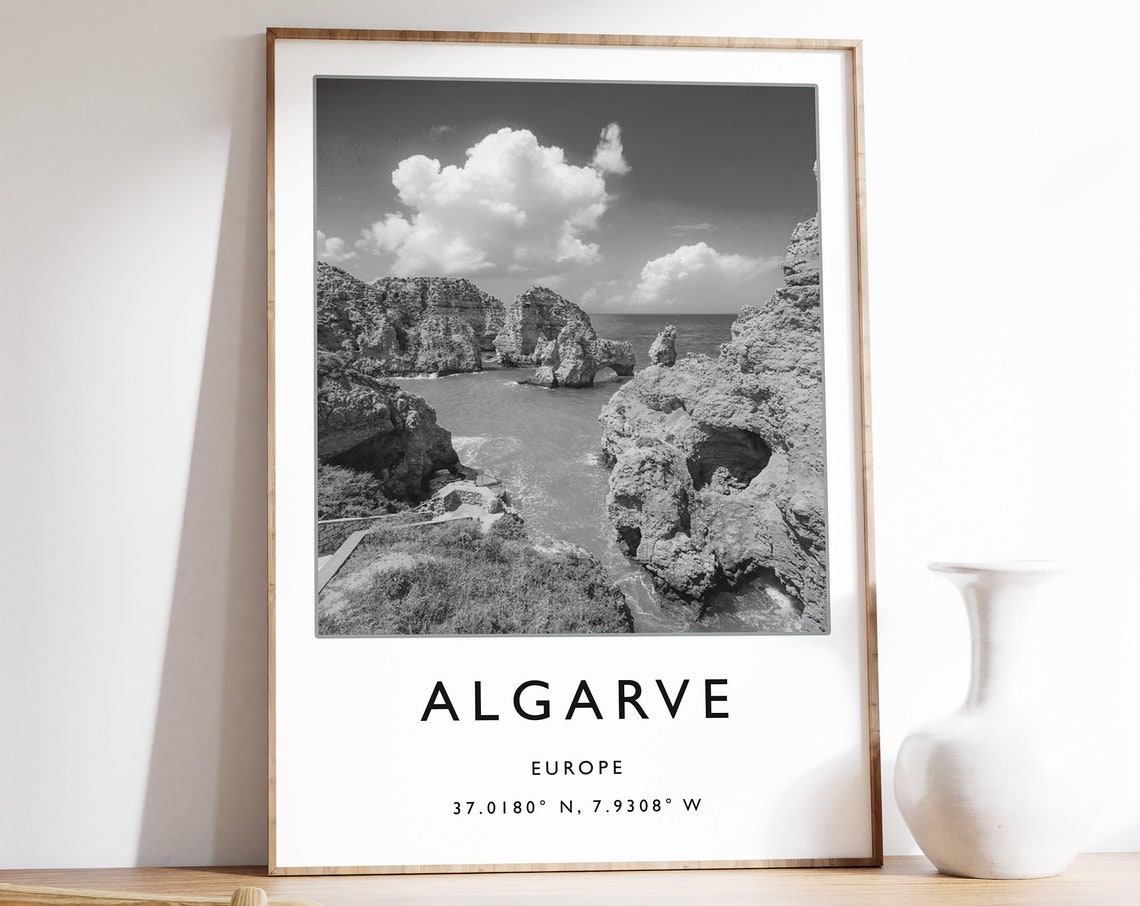 Algarve Portugal Black and White Dramatic Sea Cliffs Photo Poster