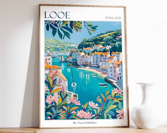 Looe England Fishing Harbour Boats Floral Foreground Cornish Coast Travel Poster