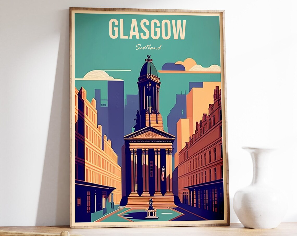 Glasgow Scotland Vintage City Street Colourful Retro Travel Poster