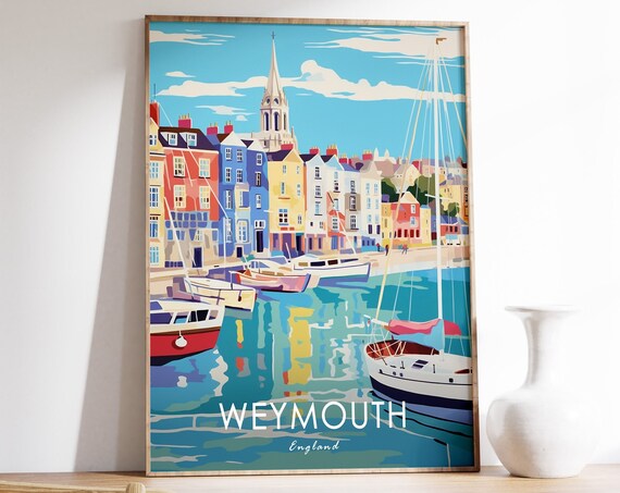 Weymouth England Travel Poster Colorful Harbor Boats And Church Spire