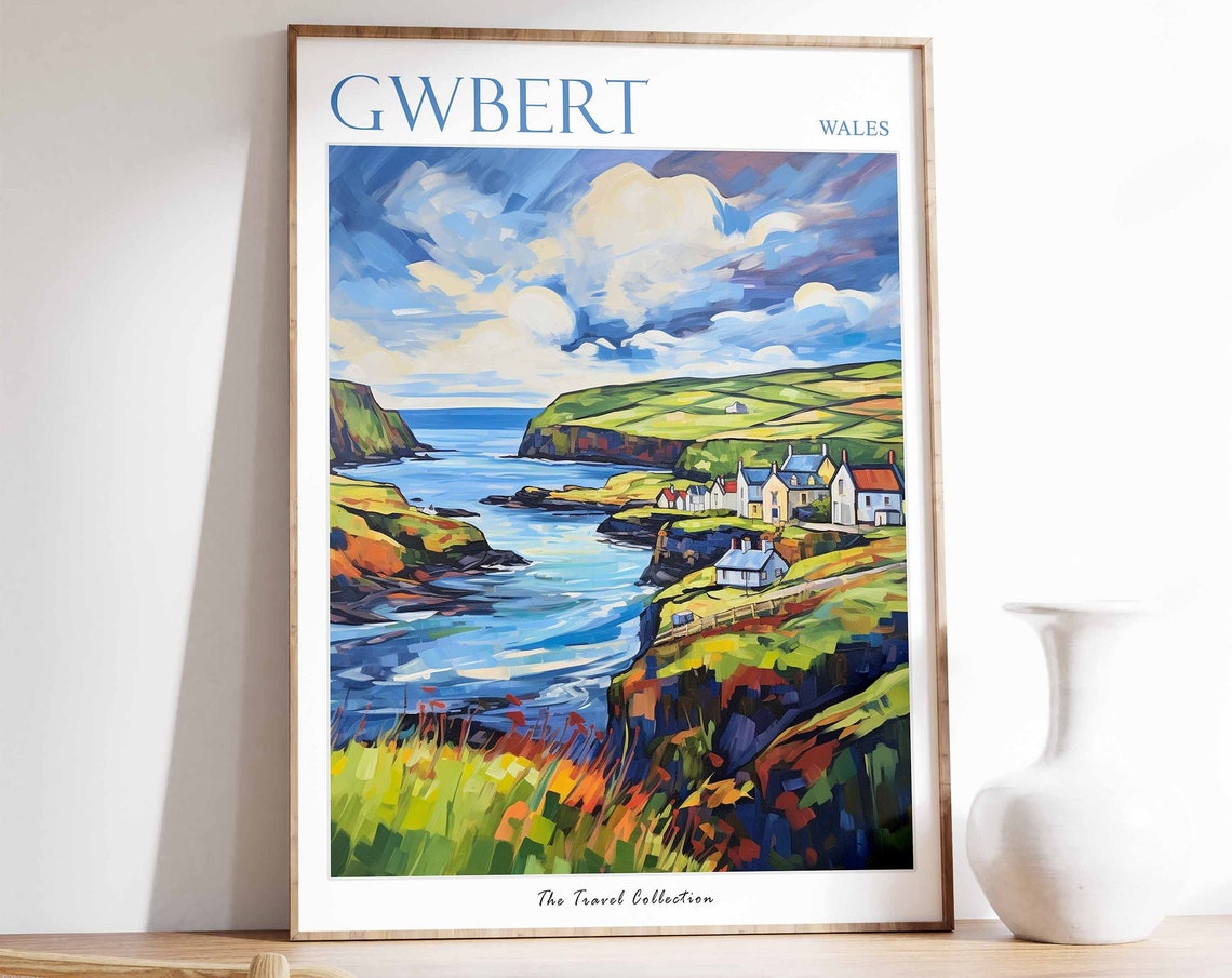 Gwbert Wales Dramatic Coastal Cliffs Cottages Scene Travel Poster