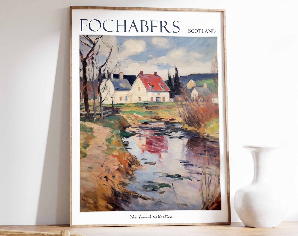 Fochabers Scotland Countryside River Cottage Vintage Travel Poster