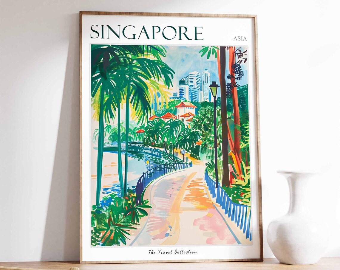 Singapore Asia Riverside Promenade Travel Poster Tropical City Art