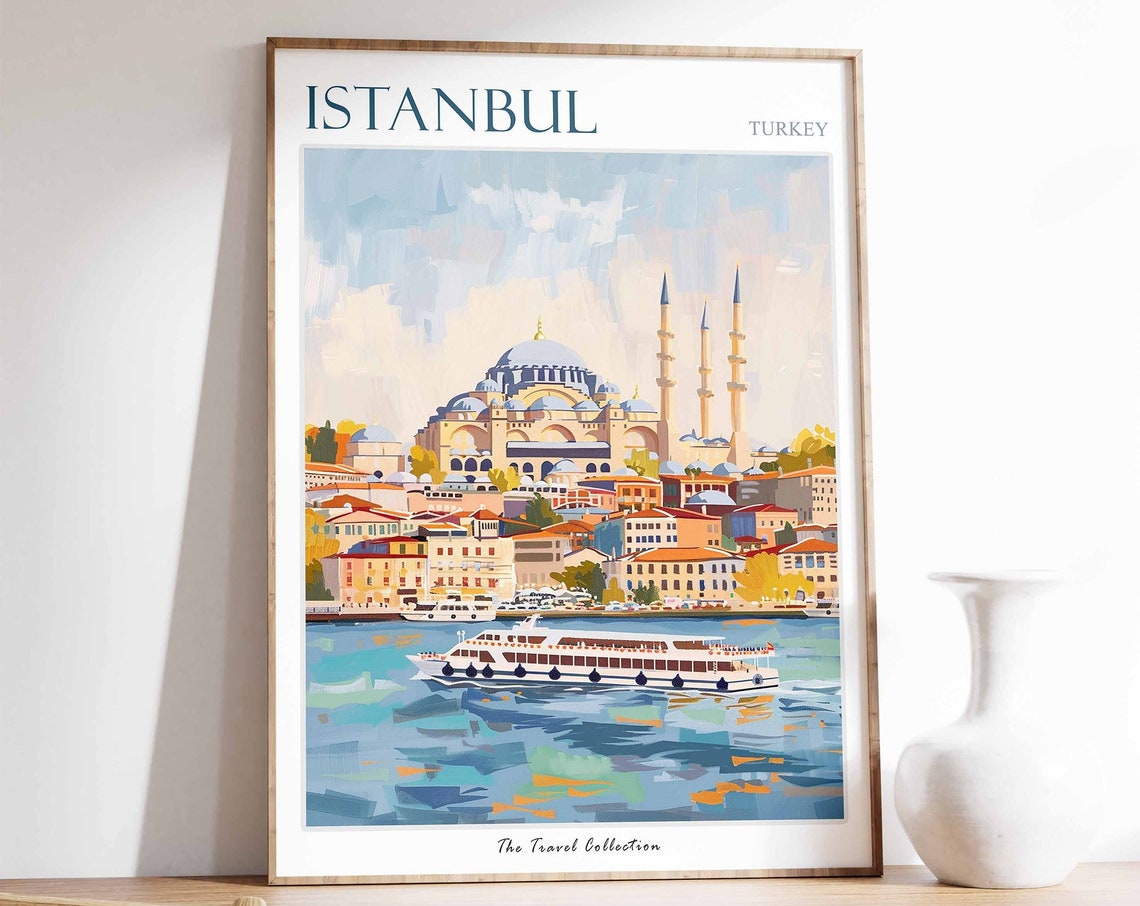 Istanbul Turkey Mosque Ferry Bosphorus Illustrated Travel Poster
