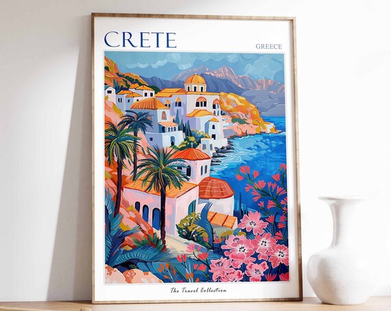 Crete Poster Crete Travel Print Greek Travel Poster Tropical Decor Beach Art Travel Gift Floral Print Coastal Decor Coast Wall Art