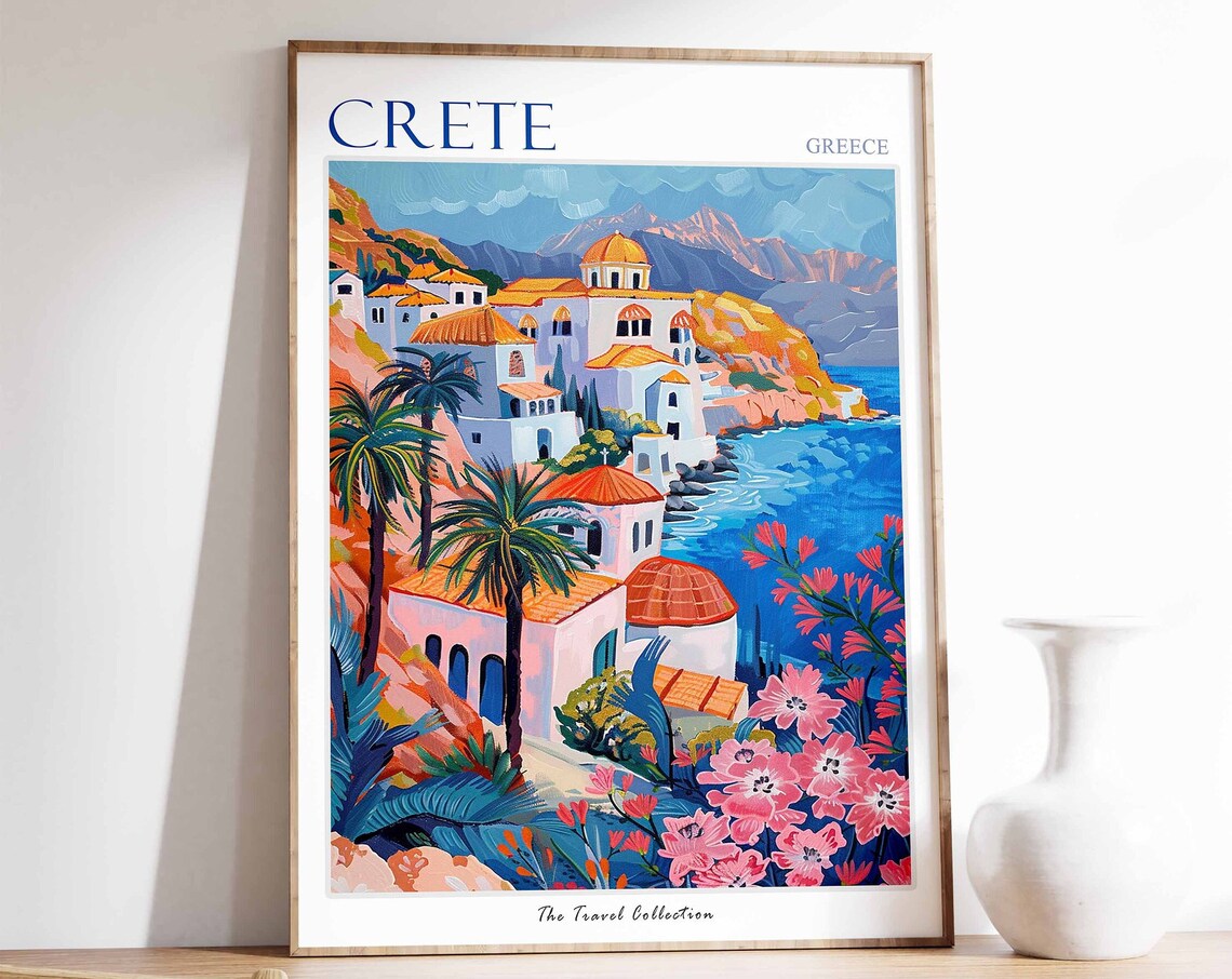 Crete Greece Colorful Village Palms Church Domes Travel Poster