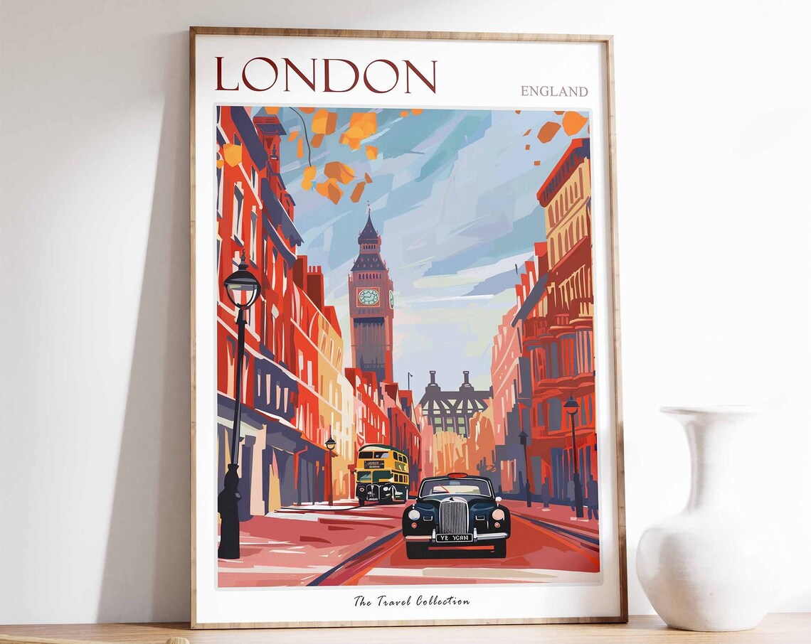 London England Travel Poster Big Ben Street With Classic Taxi