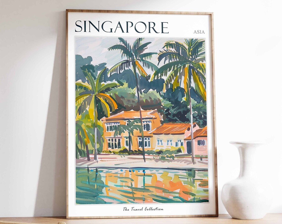 Singapore Asia Waterfront House Travel Poster Palm Reflection Art
