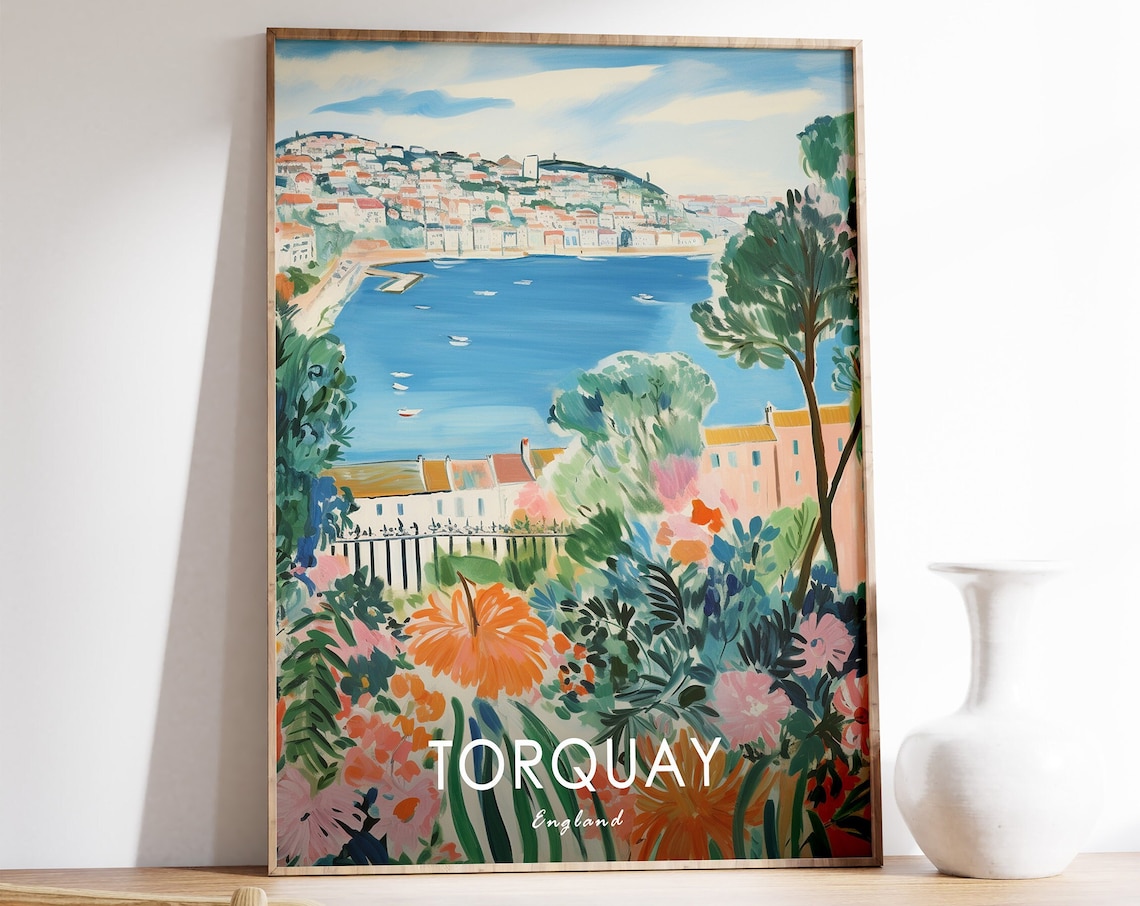 Torquay England Harbor Bay Boats Flower Garden Travel Poster