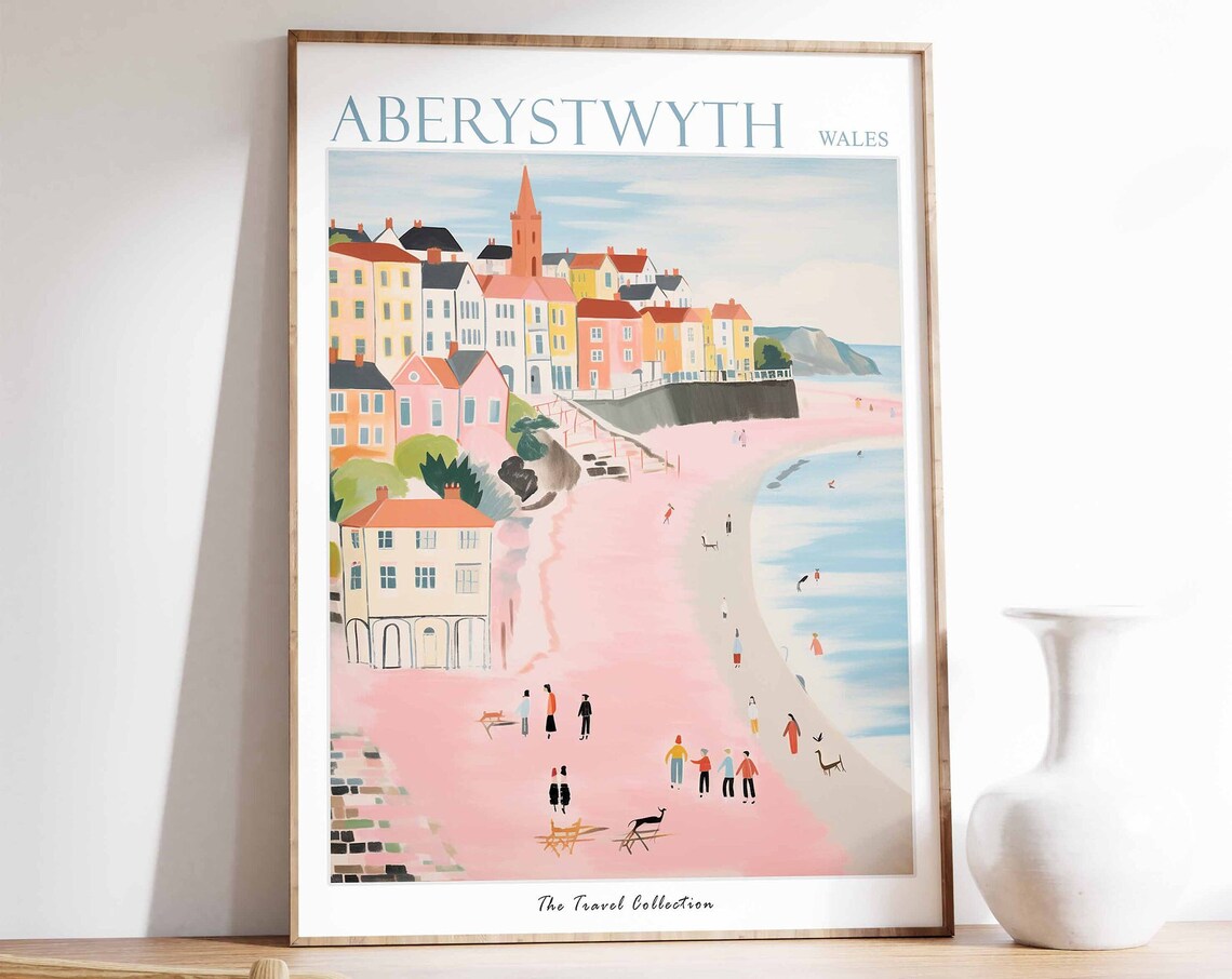 Aberystwyth Wales Pastel Seaside Town Illustration Travel Poster