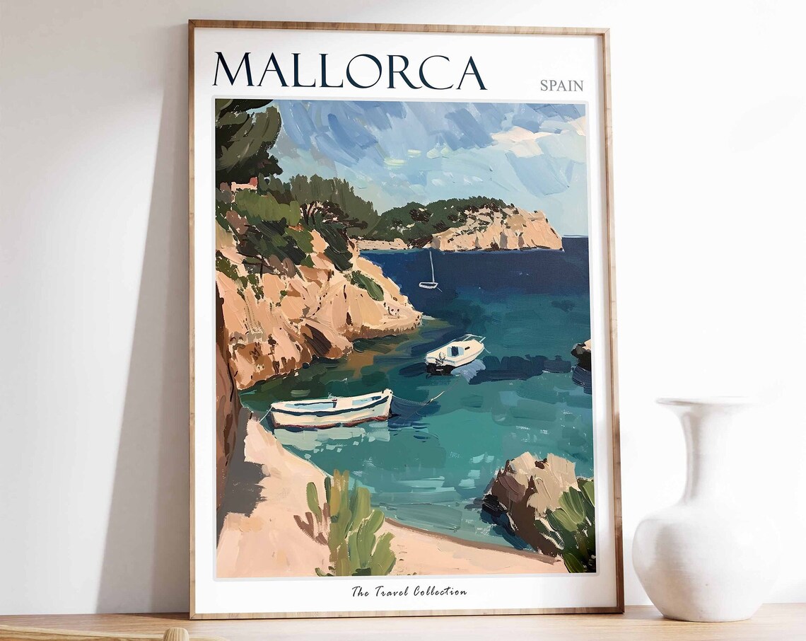 Mallorca Spain Rocky Cove Fishing Boats Turquoise Water Poster