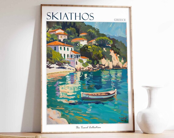 Skiathos Poster Skiathos Travel Print Greece Travel Poster Tropical Decor Beach Art Travel Gift Floral Print Coastal Decor