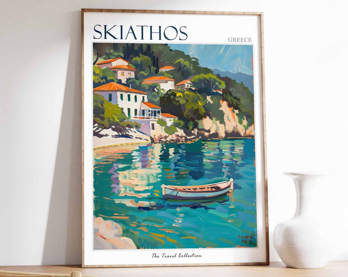 Skiathos Greece Harbor Rowboat White Houses Coastal Travel Poster