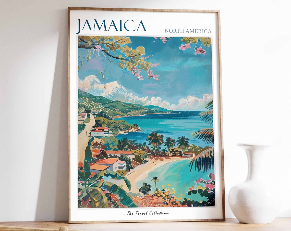 Jamaica Hillside Beach Town Palms Tropical Art Travel Poster