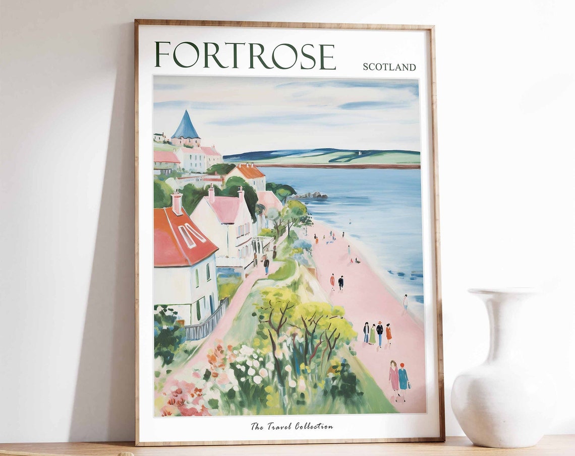 Fortrose Scotland Hillside View Beach Scene Vintage Travel Poster