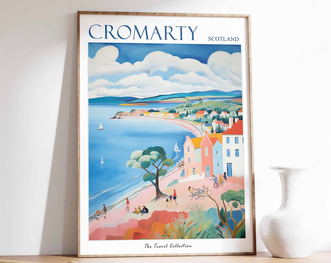 Cromarty Scotland Colorful Seafront Cyclists Seaside Travel Poster