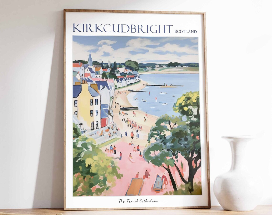 Kirkcudbright Scotland Beach Town Church Colorful Travel Poster