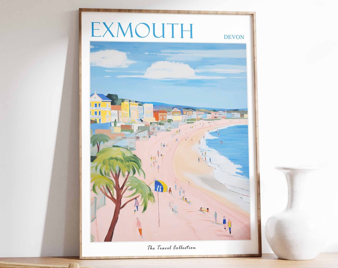 Exmouth Devon Curving Pink Beach Palm Tree Town Bay Seaside Poster