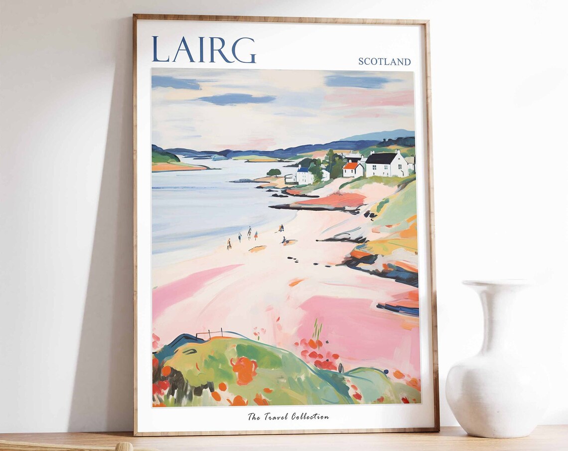 Lairg Scotland Pink Sandy Beach Cottages Coastal Travel Poster