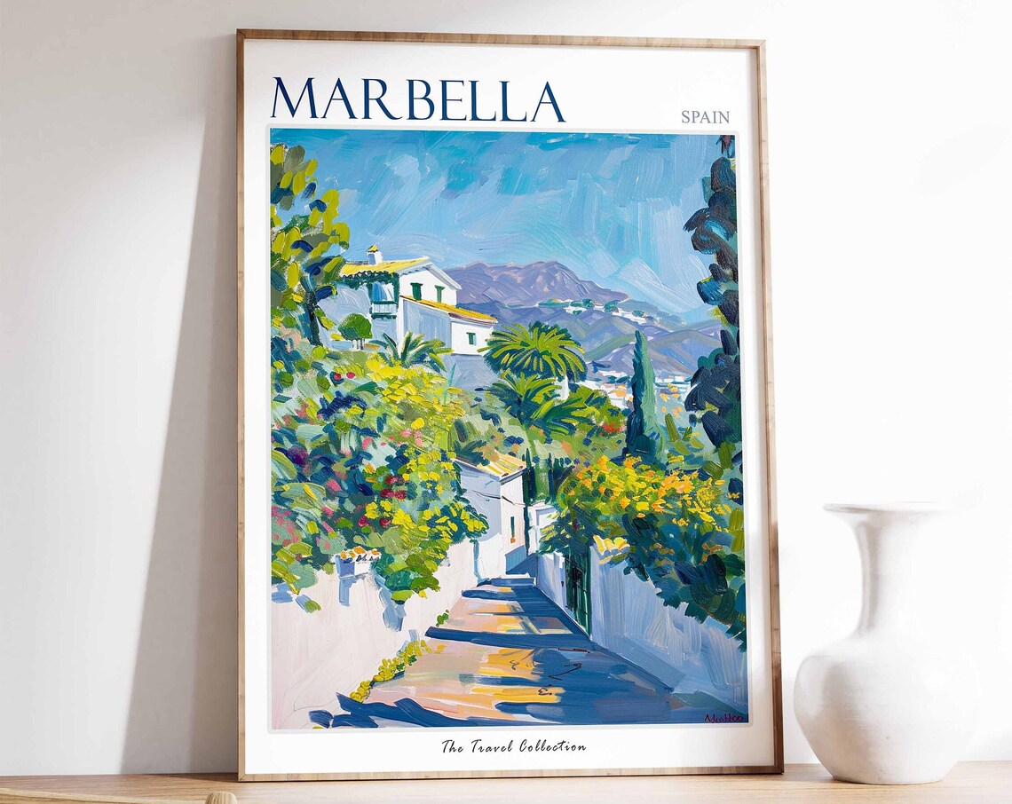 Marbella Spain Vintage Travel Poster Sunlit White Village Lane Artwork