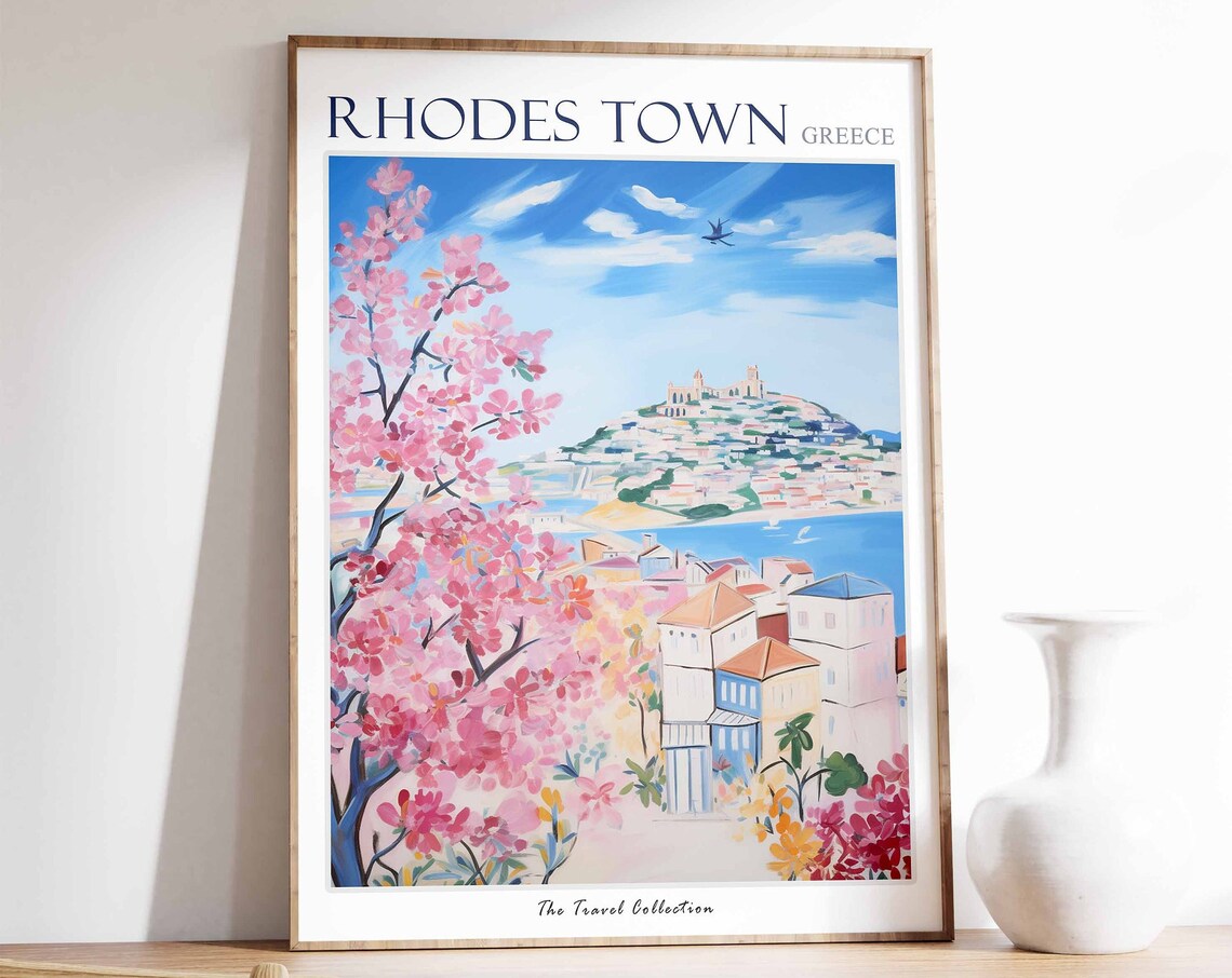 Rhodes Town Greece Pink Blossom Harbor Hilltop Painting Travel Poster