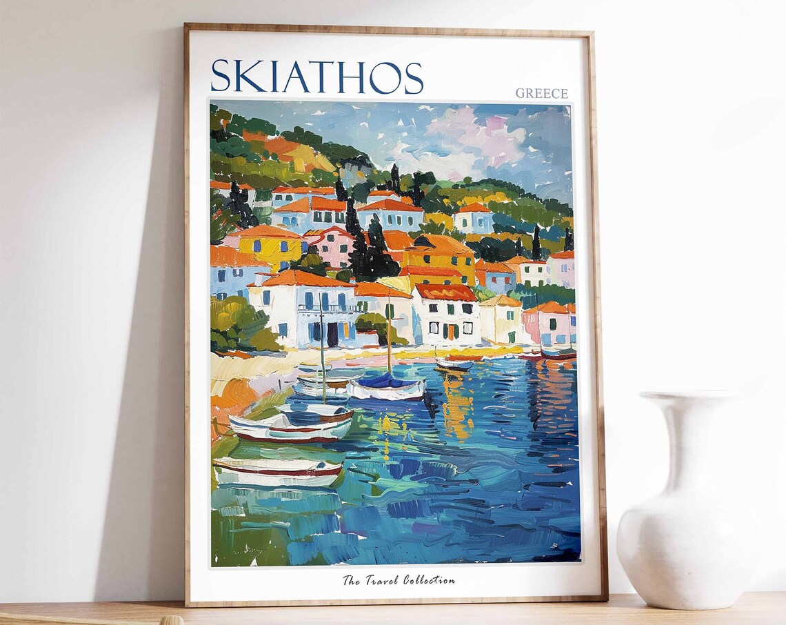 Skiathos Greece Harbor Fishing Boats Colorful Hillside Art Poster