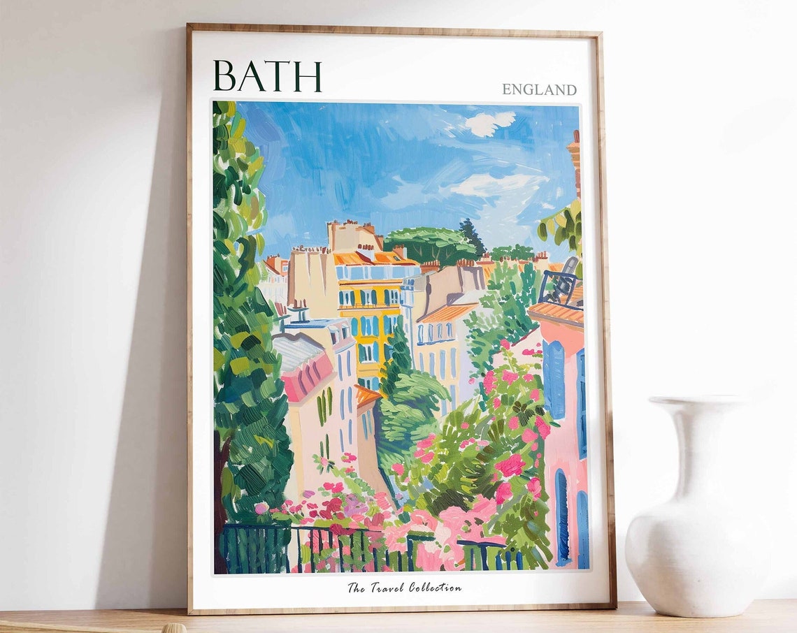 Bath Pastel Street Pink Blossoms Spring England Travel Poster