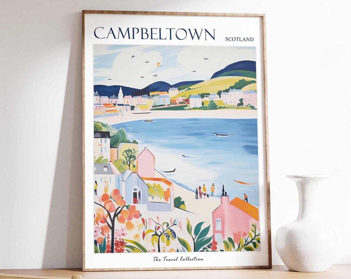 Campbeltown Scotland Hillside Beach Swallows Travel Poster Art