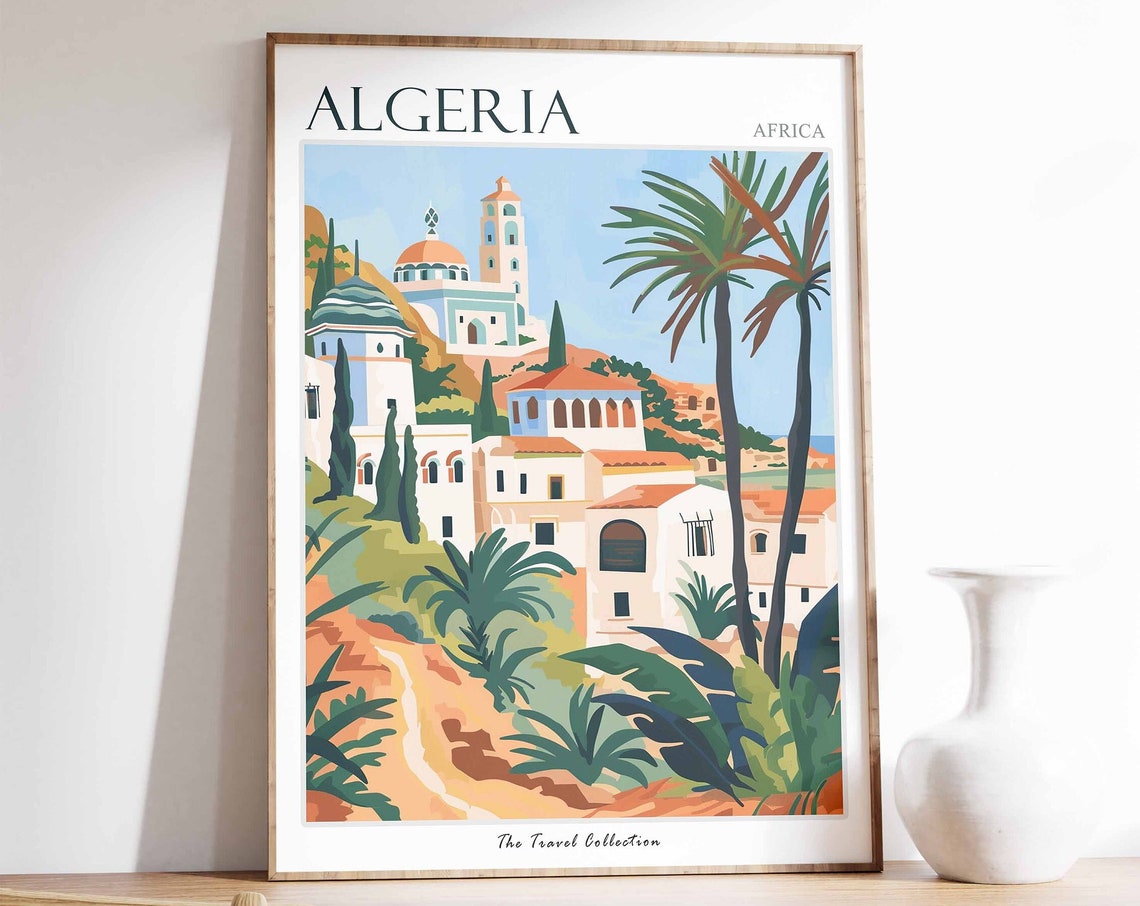 Algeria Africa Whitewashed Mosque Town Palm Tree Travel Poster